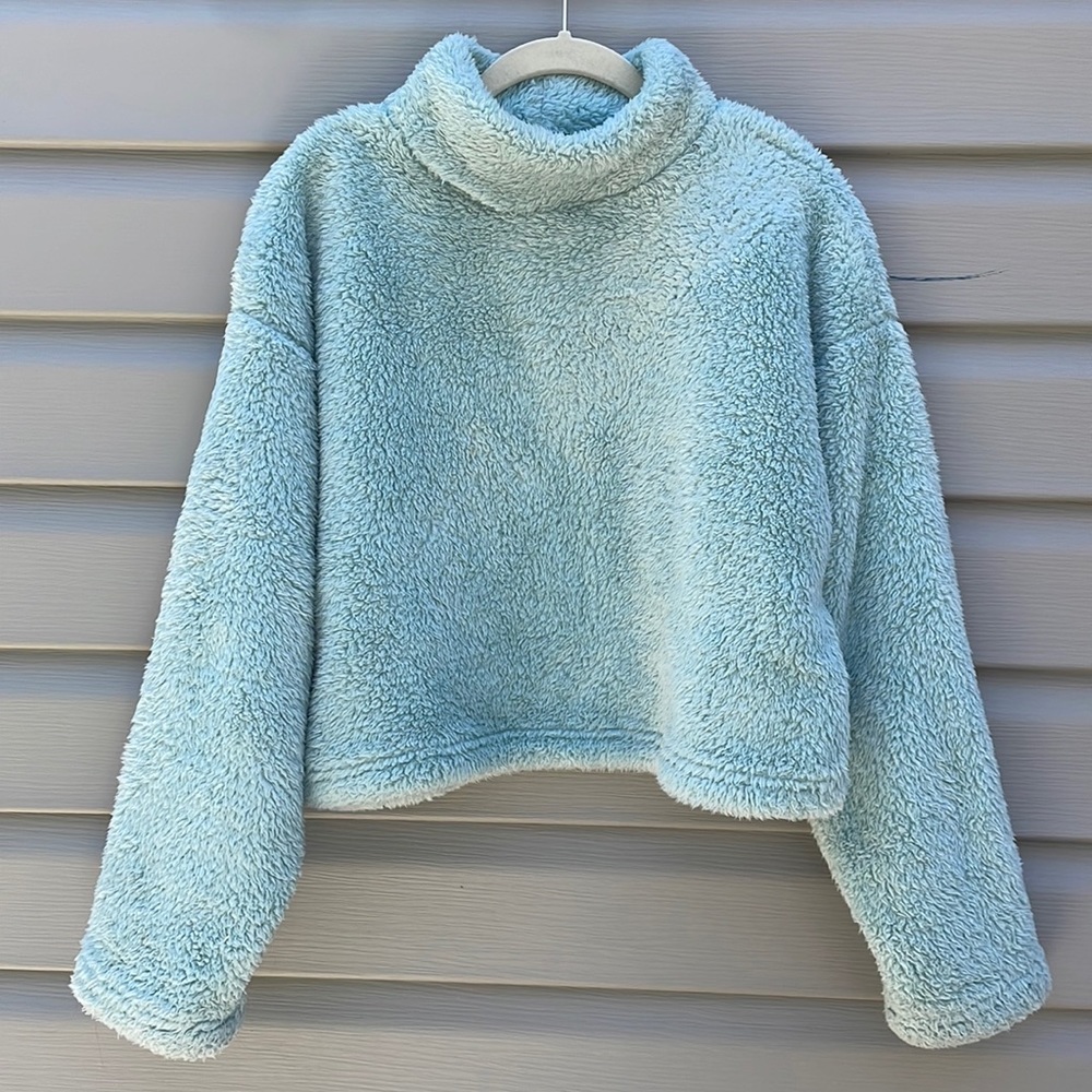 Teal Mock Neck Fluffy Faux Fur Pullover